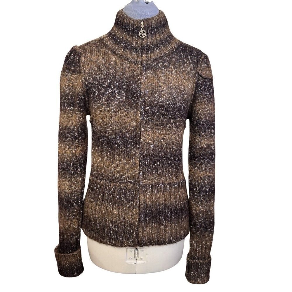 ADRIENNE VITTADINI Wool Blend Cardigan‎ Zip Up Sweater Medium Brown Multicolor
